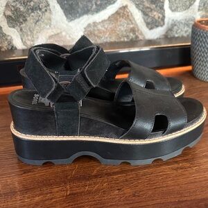 Sorel Black Leather Platform Sandals with Ankle Strap